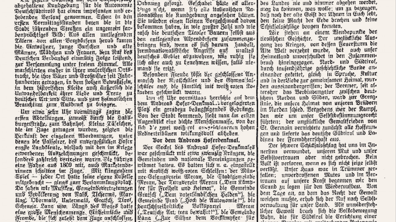 »Meraner Zeitung« vom 11. Mai 1920: Es geht um Rechte für ein »deutsches« Südtirol.