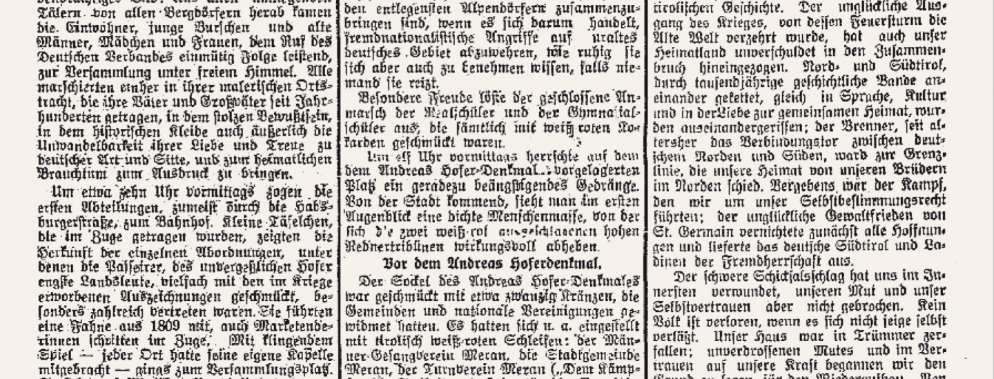 »Meraner Zeitung« vom 11. Mai 1920: Es geht um Rechte für ein »deutsches« Südtirol.