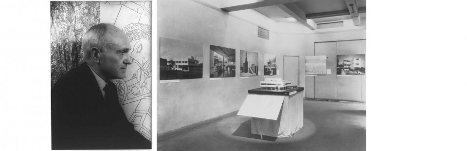 Philip Johnson (links) organisierte die Ausstellung: The International Style: Architecture since 1922 (rechts: Modell der Villa Savoye von Le Corbusier)