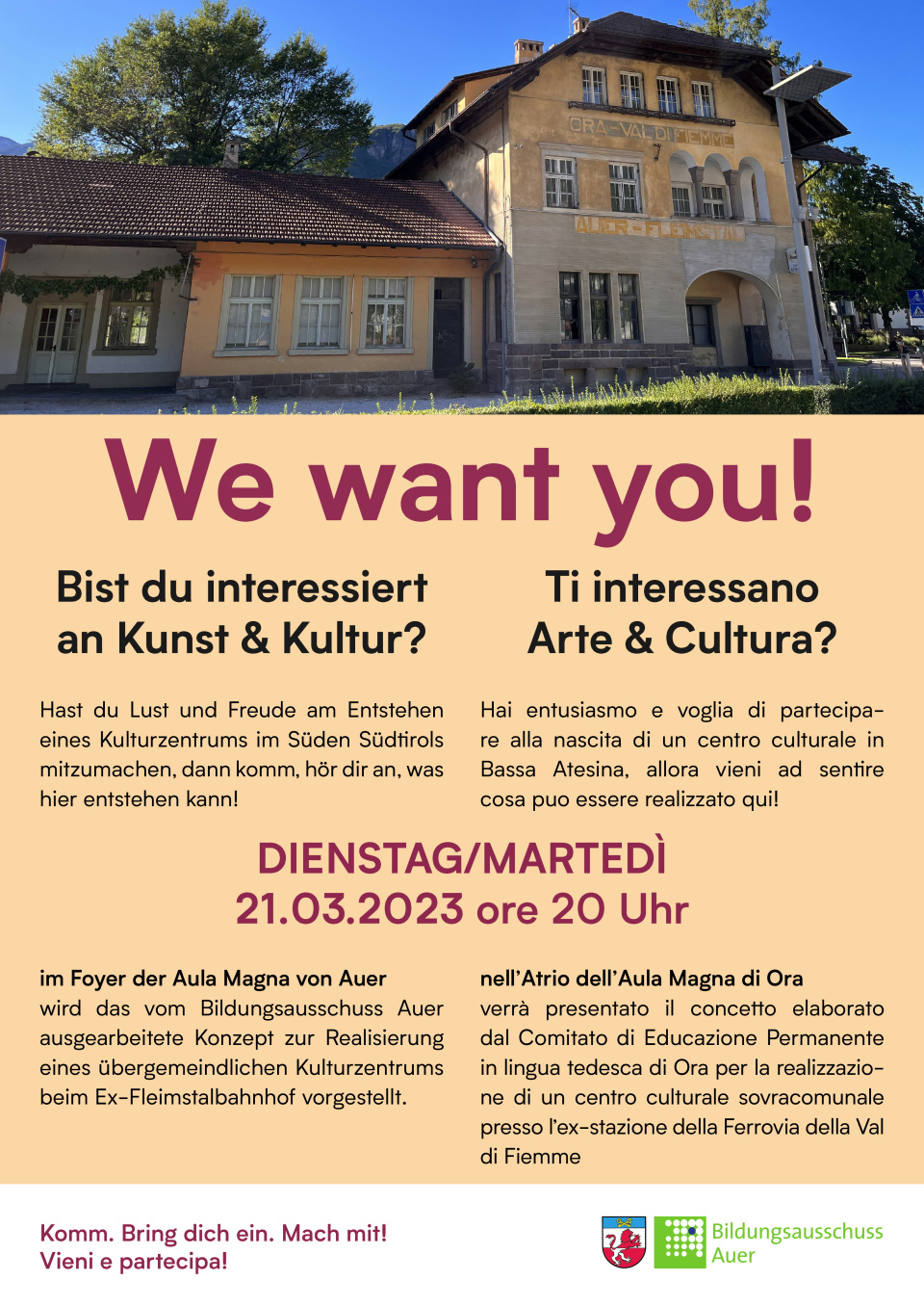 Das erste Treffen, um sich über das angedachte Kulturzentrum in Auer zu informieren: Dienstag, 21. März 2023, 20 Uhr, im Foyer der Aula Magna von Auer.