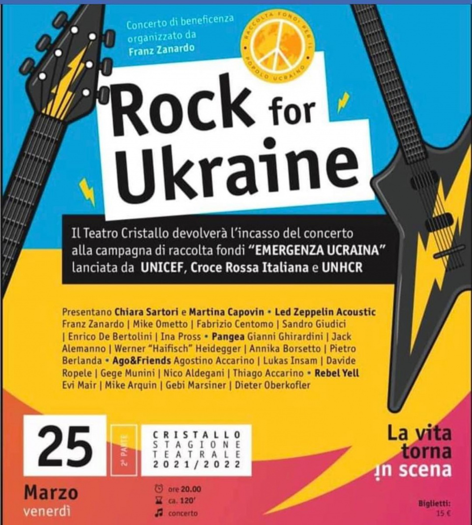 Zwei Stunden Rockmusik gegen den Krieg: „Rock For Ukraine”, nächsten Freitag, im Teatro Cristallo in Bozen.